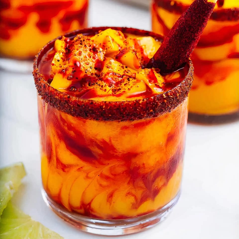 A vibrant mango dessert with red chili sauce and a chili-dusted rim, served in a glass.