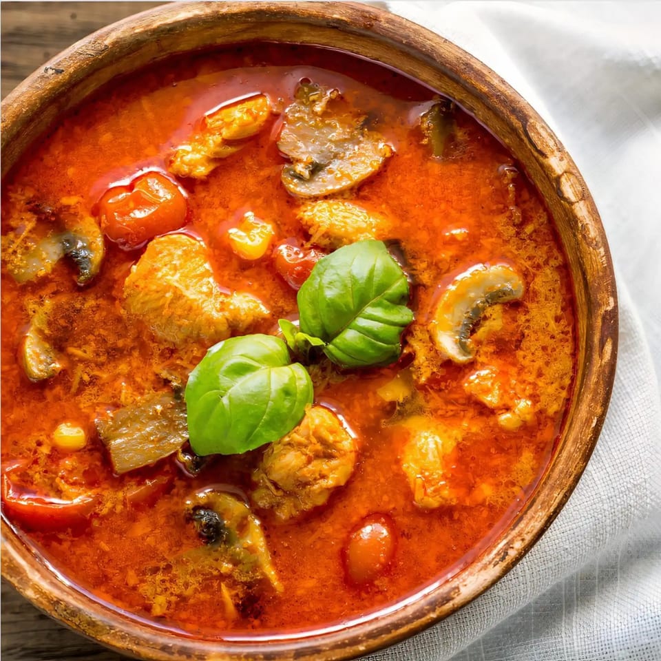 Close-up of Crystal Garden's vibrant Asian-fusion soup with chicken, mushrooms, tomatoes, and basil.