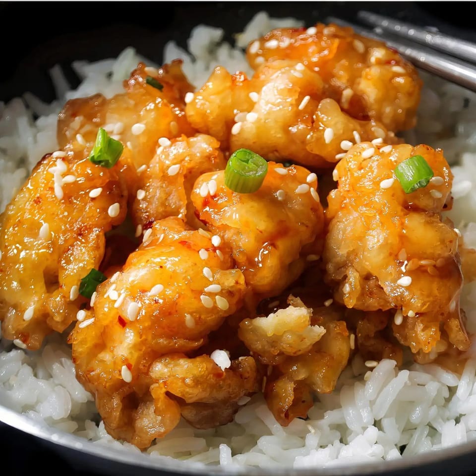 Close-up of Crystal Garden's orange chicken with sesame seeds and green onions over white rice.