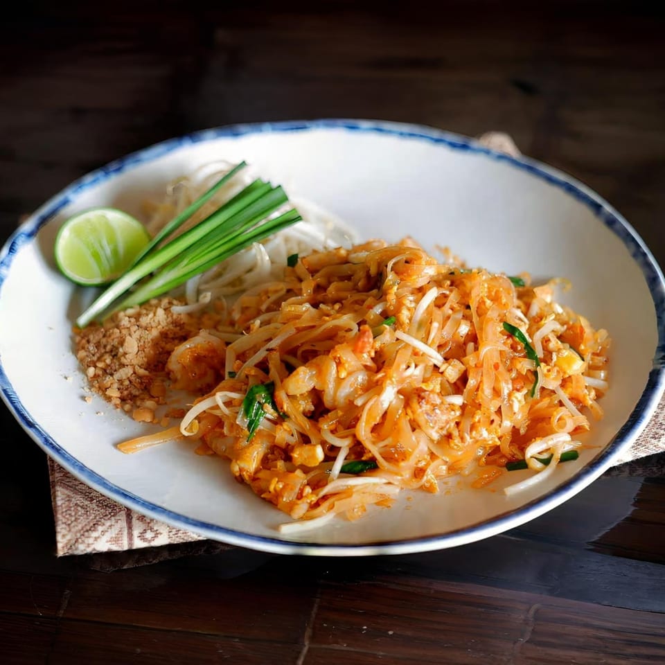 Crystal Garden's Pad Thai with noodles, shrimp, bean sprouts, lime, and crushed peanuts.