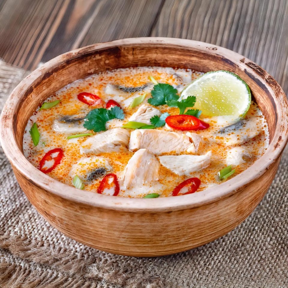 Creamy Tom Kha Gai soup with chicken, mushrooms, chili, cilantro, and lime in a rustic bowl.