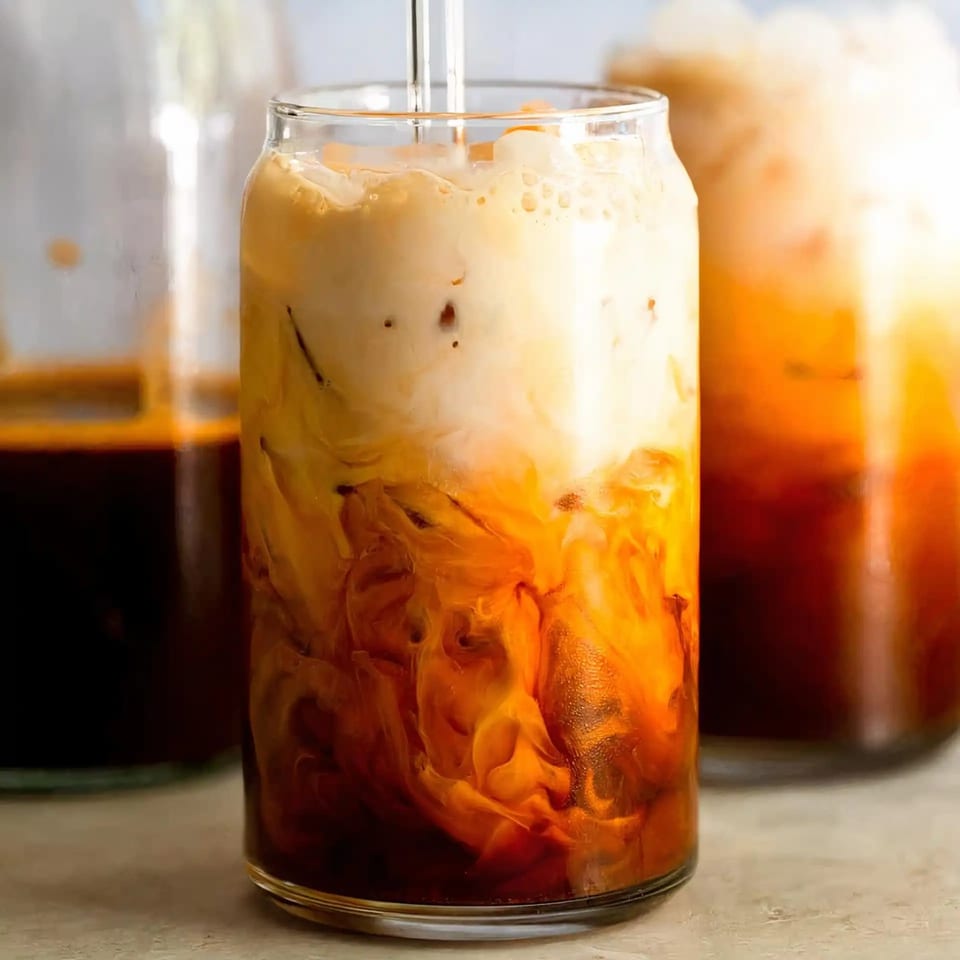 A glass of Thai iced tea with a straw, showing the swirling layers of tea and cream.